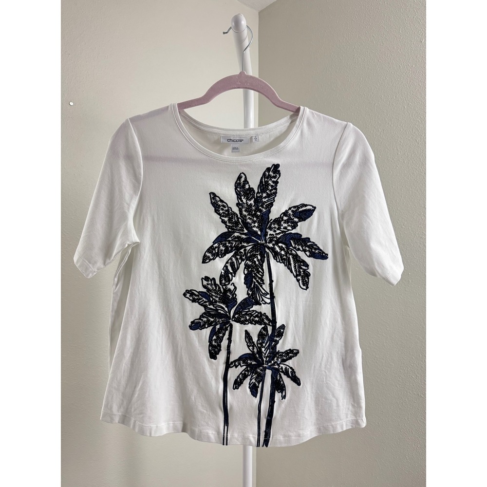 Chico's White Sequined Embroidered Palm Tree Graphic Short Sleeve T-Shirt Small